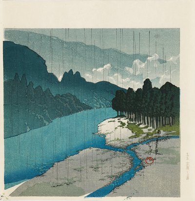 Woodblock print - Rain at Okutama River, 1988 by Hasui Kawase