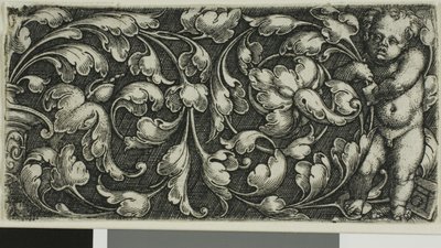 A Double Scroll of Leaf Ornament with a Putto Standing on the Right by Heinrich Aldegrever