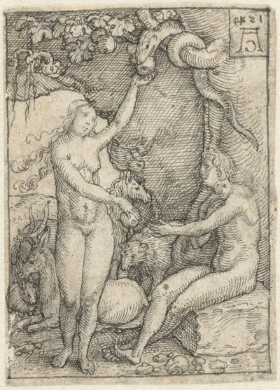Eve Hands Adam the Apple Under the Tree with the Serpent (Designs for the Series of Engravings The Power of Death) by Heinrich Aldegrever