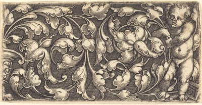 Naked Infant Holding a Double Scroll of Leafy Ornament by Heinrich Aldegrever