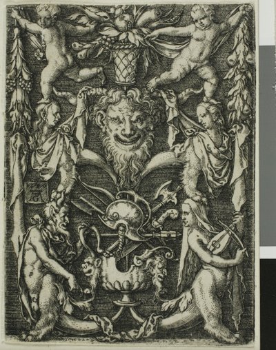 Ornamental Design with a Couple of Satyrs, Children and a Trophy by Heinrich Aldegrever