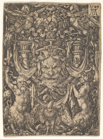 Ornamental Design with a Mask and an Eagle between Two Fauns Below by Heinrich Aldegrever