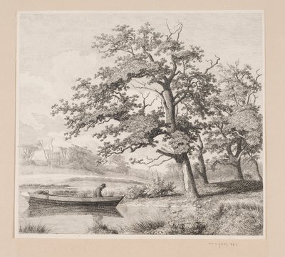 Landscape with Oak Trees by a Lake, where an Old Man is Seen in a Boat by Heinrich Buntzen