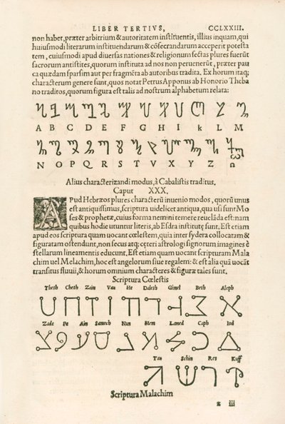 Theban Alphabet and Celestial Alphabet Engraving from Heinrich Cornelius Agrippa von Nettesheim (1486-1535) De Occulta Philosophia Libri Tres by Heinrich Cornelius Agrippa von Nettesheim