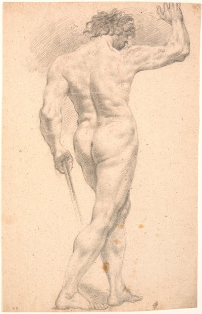 Standing male model, seen from the back, with raised right hand by Heinrich Dittmers