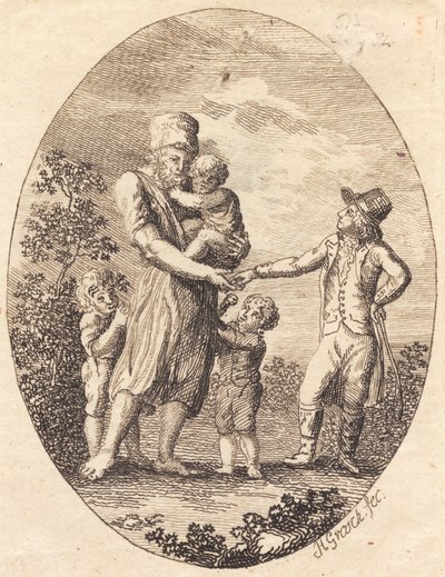 A Gentleman Gives a Drink Coin to a Man with Two Children by Heinrich Grosch