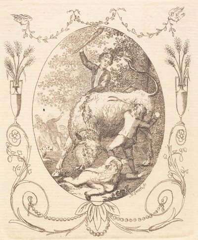 A Bull Charging at a Lying Boy, Helped by Two Companions by Heinrich Grosch