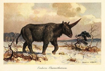 Siberian Unicorn, Elasmotherium Sibiricum, on a Snowy Plain by Heinrich Harder