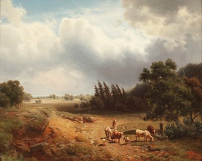 Wooded Landscape with a Shepherdess and her Cattle by Heinrich Hofer