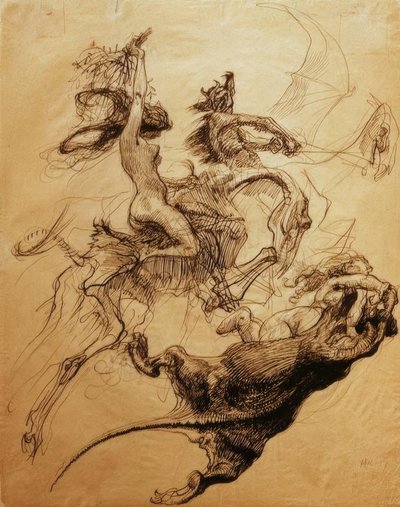 Naked Woman Riding Skeleton and Devil Riding Pterodactyl by Heinrich Kley