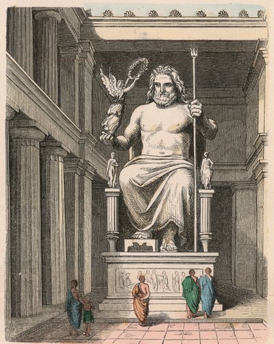 Ancient Greece: Zeus statue in the temple at Olympia - Sculpture by Phidias, c. 440/30 BC one of the Seven Wonders of the World by Heinrich Leutemann