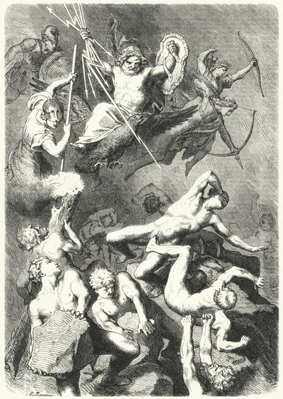 Battle Between the Ancient Greek Gods and the Titans (engraving) by Heinrich Leutemann