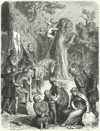 Charlemagne orders the felling of the Irmensaule, sacred oak tree of the Saxons, 772 by Heinrich Leutemann