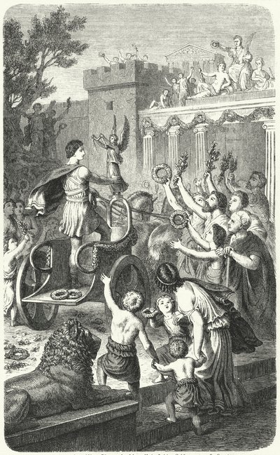 Reception of an Olympic champion in his home city in Ancient Greece (engraving) by Heinrich Leutemann
