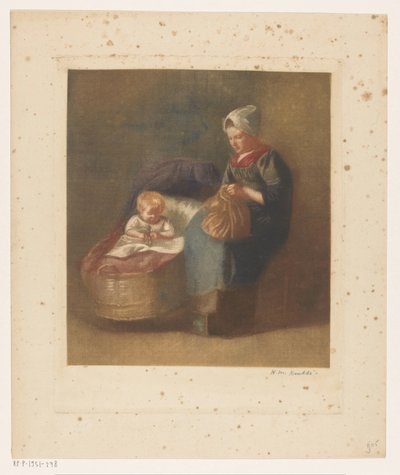 Woman Working Next to a Child in a Cradle by Heinrich M. Krabbé (signed by artist)