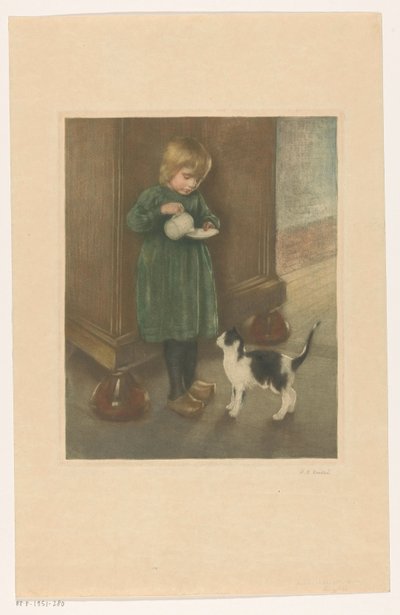 Girl feeding a cat by Heinrich M. Krabbé (signed by artist)