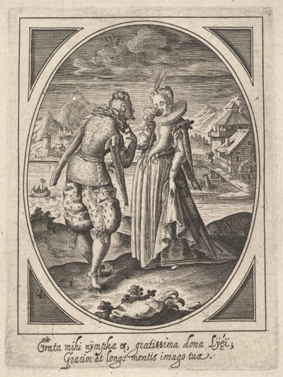 A Man Steps Toward a Woman Who Holds a Goblet to Her Mouth, a Watermill and Mountains in the Background by Heinrich Ulrich