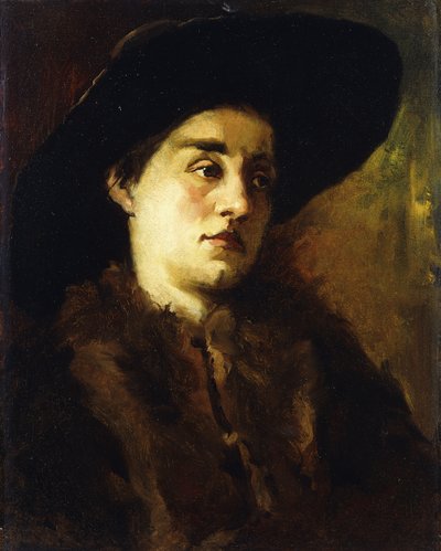 Portrait of a Lady, Wearing a Fur Coat and Black Hat by Heinrich Wilhelm Truebner