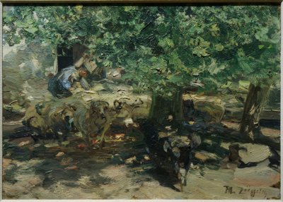 In Front of the Stable (Flock of Sheep Crowding into the Stable) by Heinrich von Zügel
