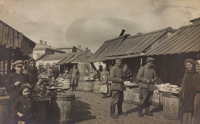 First World War: Ukraine in the years 1914-1916 during the invasion of the German army. Military in the market by Heldenfriedhof Dsessentniki (attr. to)