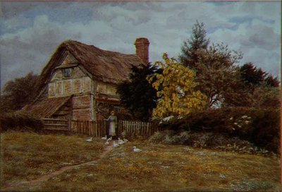 Laburnum Cottage: A Woman Feeding Ducks by Helen Allingham
