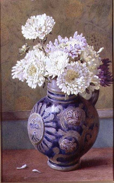 Chrysanthemums in a stoneware jug by Helen Cordelia Coleman Angell