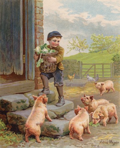 Hungry Pigs Watching a Boy Carrying a Basket of Turnips on a Farm by Helena J. Maguire