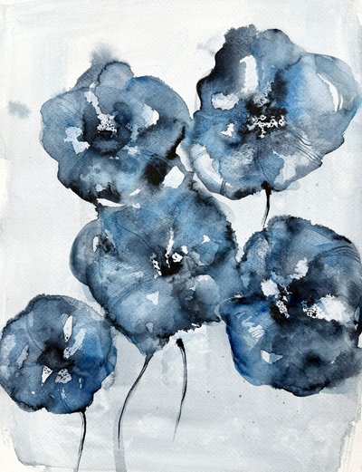 Blue Watercolor Poppies by Helena Ryhle