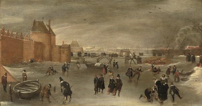 Skaters, kolf players and sledges on a frozen river near the St. Janspoort city gate, with the Kruispoort in the background and the Pink mill beyond, Haarlem by Hendrick Avercamp (studio of)