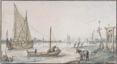River Landscape, with Towed Sailing Ship, Gallows with Two Hanged Men in the Foreground by Hendrick Avercamp
