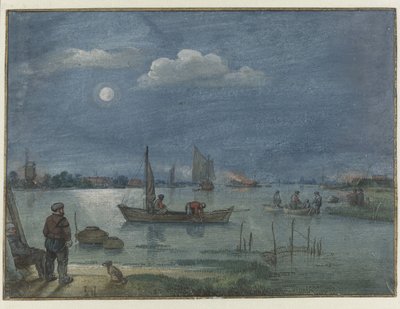 Moonlit River Landscape with Fishermen by Hendrick Avercamp