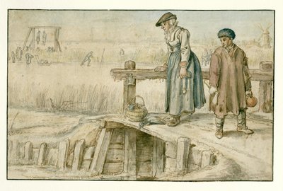 Winter Landscape with a Woman and a Youth on a Small Bridge, Skaters and a Gallows in the Distance by Hendrick Avercamp