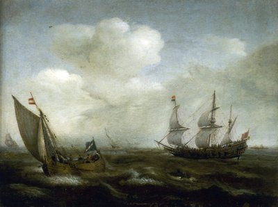 Dutch ship and fishing boat in the breeze by Hendrick Cornelisz Vroom