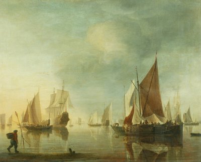 Shipping at anchor offshore in a calm sea; evening light by Hendrick Dubbels