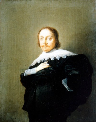 A Portrait of a Gentleman in a Black Suit and Lace Collar by Hendrick Gerritsz Pot