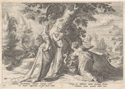 Daughters of Cecrops Open the Basket of Minerva (Metamorphoses of Ovid series) by Hendrick Goltzius (workshop of)