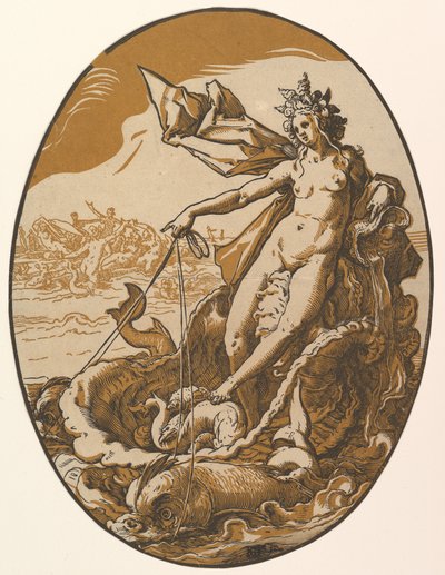 Tethys reclining in a giant shell chariot pulled by two sea creatures, from "The Deities" by Hendrick Goltzius