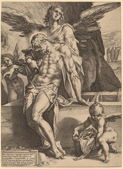 The Body of Christ Supported by Angels by Hendrick Goltzius, after Bartholomaeus Spranger
