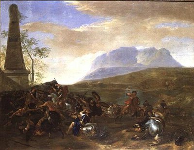 A Skirmish by an Obelisk in an extensive landscape by Hendrick Verschuring