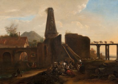 Travelers at Rest Alongside Classical Ruins by Hendrick Verschuring