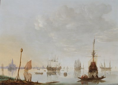 Shipping in a bay in a calm, a town in the distance by Hendrick de (manner of) Meyer