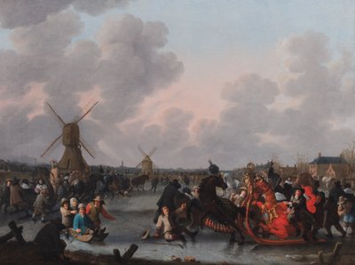 A Winter Landscape with Numerous Horse-Drawn Sleighs on the Ice by Hendrick de Meijer