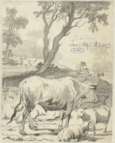 Shepherd with Cows and Sheep under a Tree by Hendrick ten Oever