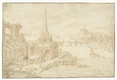 Obelisk next to ruins (series title: Regionum, Rurium, Fundorumque) by Hendrick van Cleve