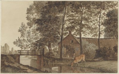 Farm with Drinking Cow on Biltstraat in Utrecht by Hendrik Abraham Klinkhamer