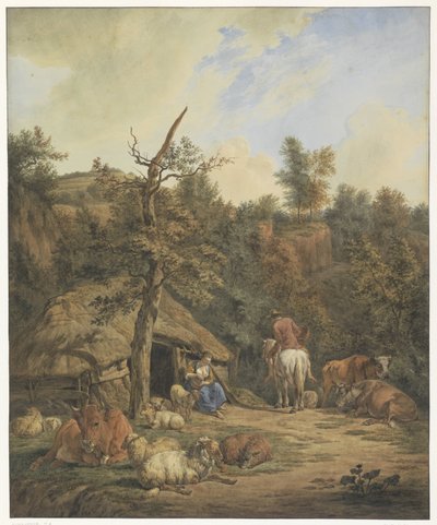 Shepherd, Shepherdess, and Cattle Resting in Front of a Dilapidated Stable by Hendrik Abraham Klinkhamer