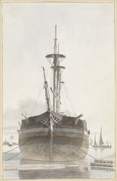 Sailing Ship Seen from the Front in a Timber Port by Hendrik Abraham Klinkhamer