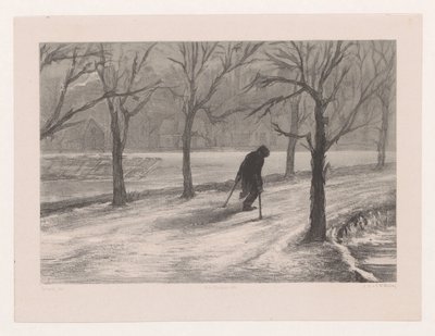 Man on Crutches in a Winter Landscape by Hendrik Adriaan Christiaan Dekker