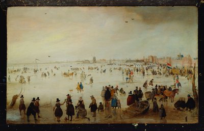 Skaters, Golf Players, Elegant Ladies and Gentlemen on Frozen Floodwaters by the Broederpoort at Kampen by Hendrik Avercamp