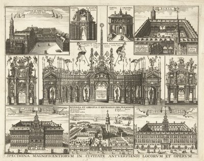 Sheet with Ten Depictions of the Entry of Cardinal-Infant Ferdinand into Antwerp, 1635 (Specimina magnificentiorum in civitate Antverpiensi locorum et operum) (title on object) by Hendrik Causé